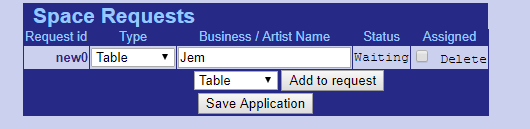 Example of a correctly filed table request: The title of the box has changed to "Space Requests", and a new row in the table lists the space type (table), the name of the business or person, and the status of the request.