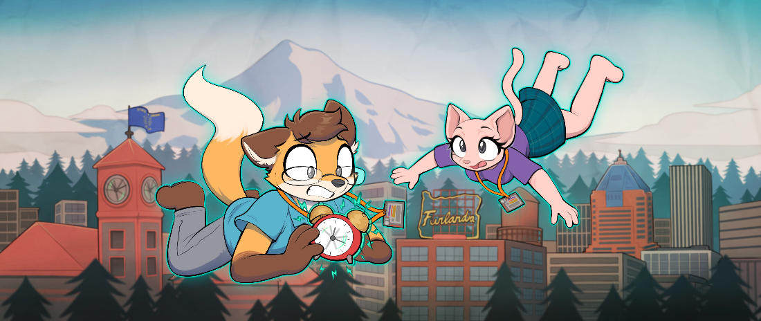 Banner graphic: a fox and a cat, falling through the air in the aftermath of a time jump, with the city of Portland and Mt. Hood in the background. The fox is holding the time machine, shaped like an alarm clock, and is endearingly distressed by the realization that it is out of control, clock hands spinning wildly.