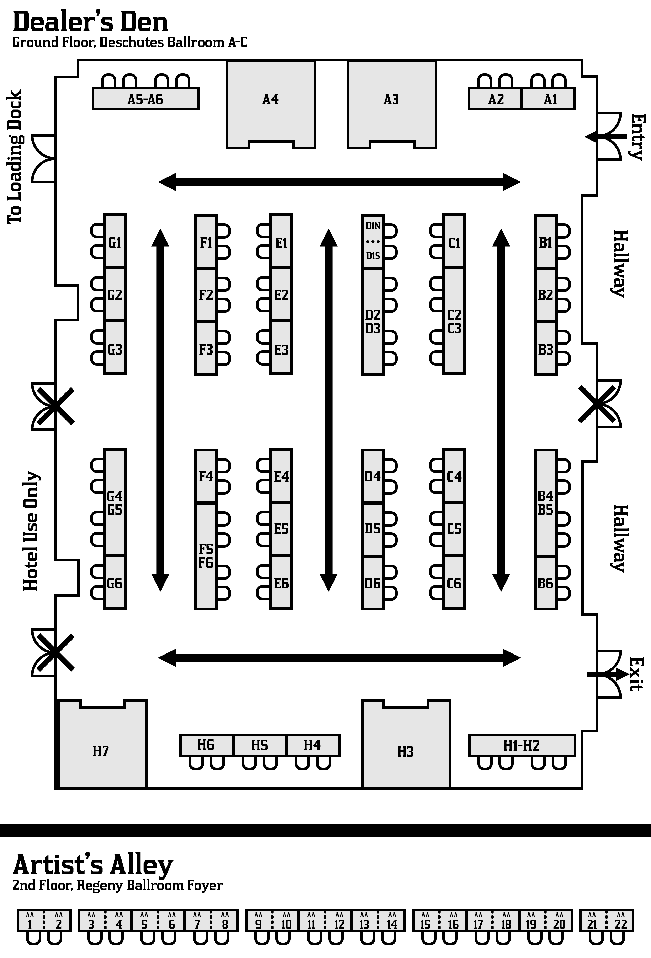 A map of the layout for Dealer's Den and Artist's Alley
